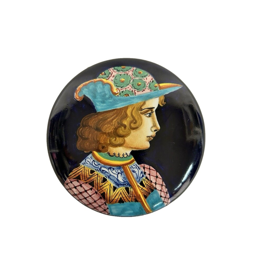 VTG Signed Italian Majolica Renaissance Male Figure Porcelain Trinket Box Lid 4"